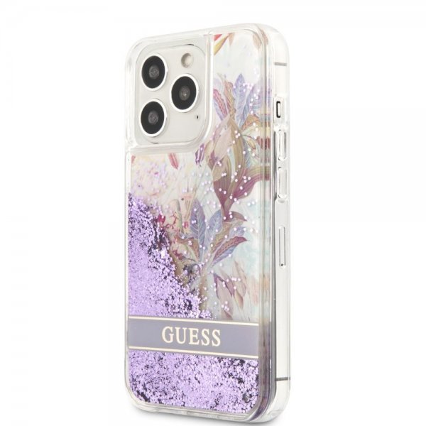 Guess iPhone 13 Pro Max -kuori Liquid Glitter Flower Pattern - violetti