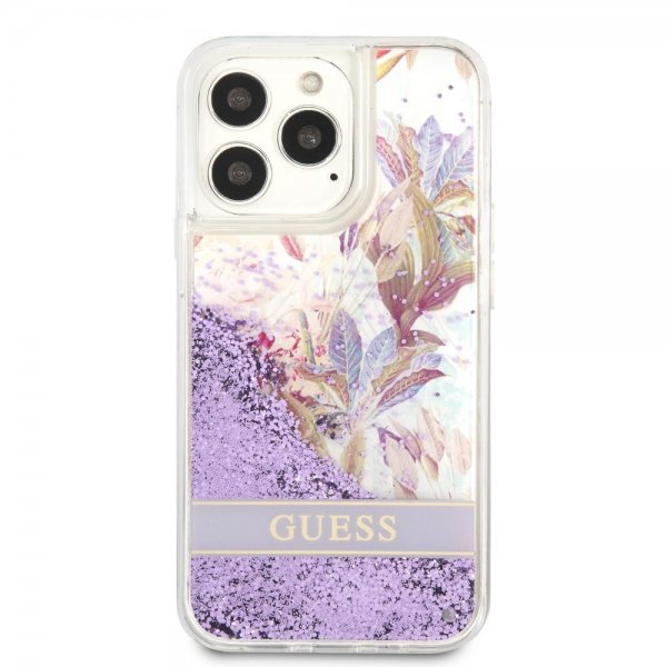 Guess iPhone 13 Pro Max -kuori Liquid Glitter Flower Pattern - violetti