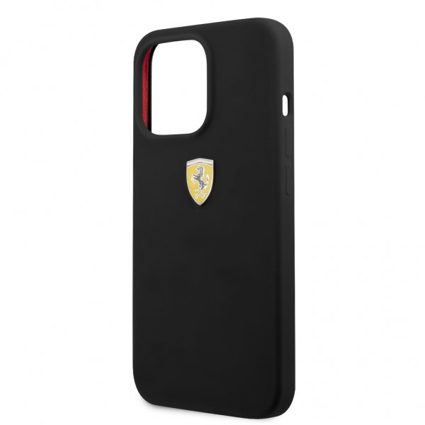 Ferrari iPhone 13 Pro Max -kuori, nestemäinen silikoni, metallilogolla, musta