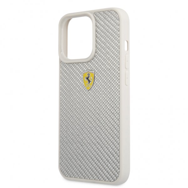 Ferrari iPhone 13 Pro Max -kuori, aitoa hiilikuitua, metallinen logo, hopea