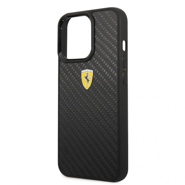 Ferrari iPhone 13 Pro Max Suojakuori Aito Hiilikuitu Metalli Logo Musta