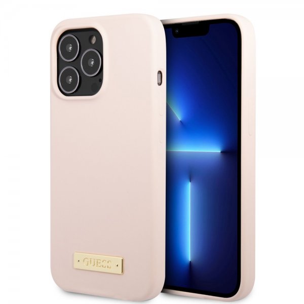 Guess iPhone 13 Pro Max kuori silikoni metallilevy MagSafe vaaleanpunainen
