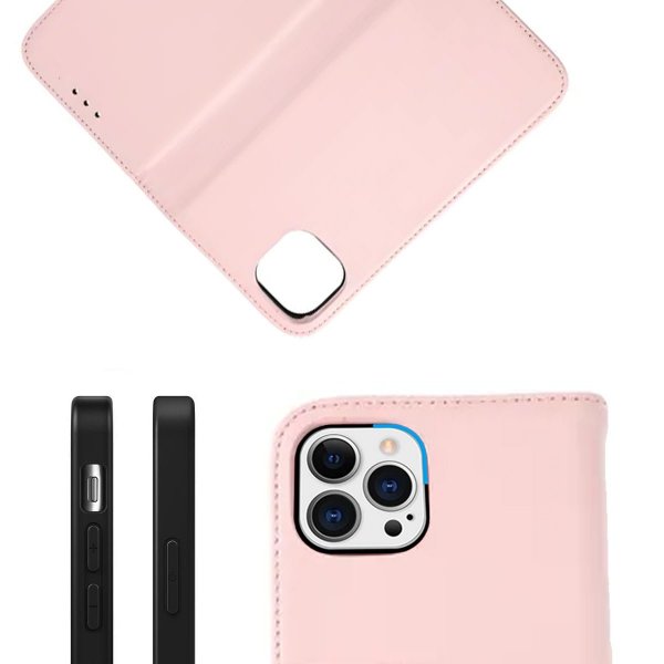 Rvelon iPhone 13 Pro -kotelo, aitoa nahkaa, korttipaikka, vaaleanpunainen