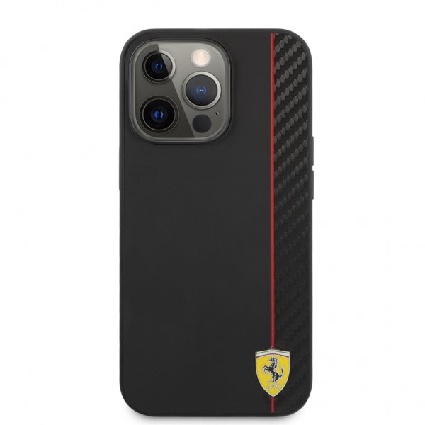 Ferrari iPhone 13 Pro -suojakuori Carbon Effect Metal Logo Vertical Stripe, musta