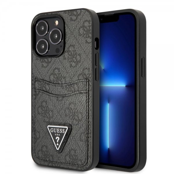 Guess iPhone 13 Pro -kuoret, Double Cardslot Metal Triangle, musta
