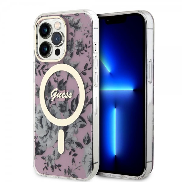 Guess iPhone 13 Pro -suojakuori Flower MagSafe, pinkki