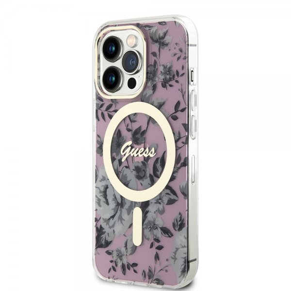 Guess iPhone 13 Pro -suojakuori Flower MagSafe, pinkki