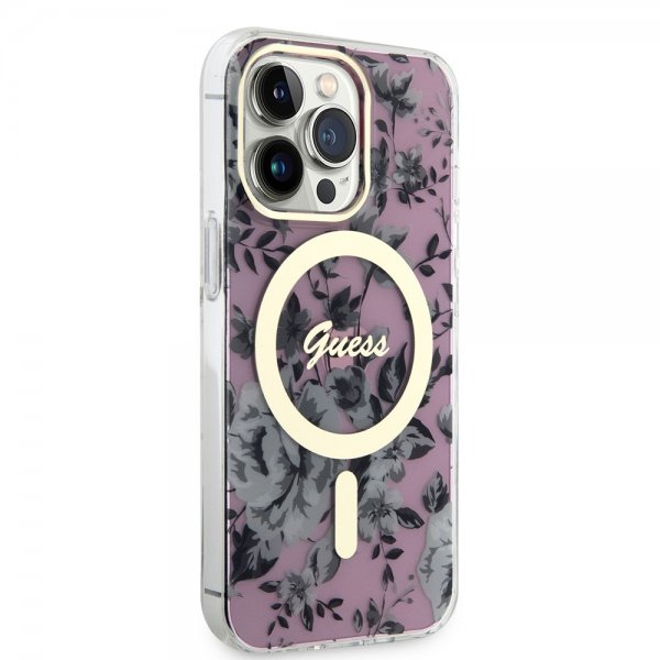 Guess iPhone 13 Pro -suojakuori Flower MagSafe, pinkki