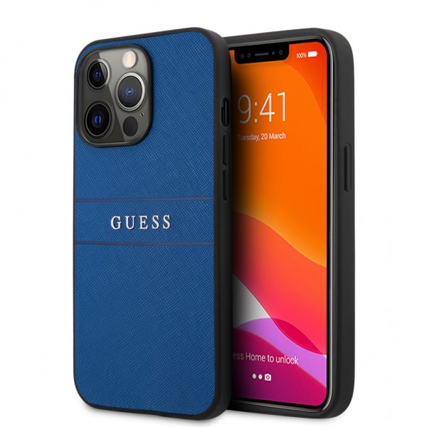 Guess iPhone 13 Pro -suojakuori Hot Stamp Metal Logo, sininen