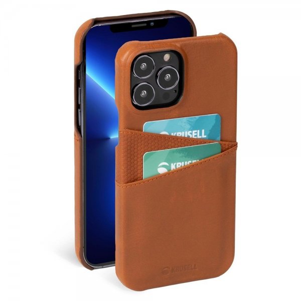 Krusell iPhone 13 Pro -kuoret, Leather CardCover, konjakinruskea