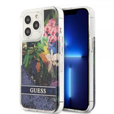 Guess iPhone 13 Pro -kuori, Liquid Glitter Flower Pattern, sininen