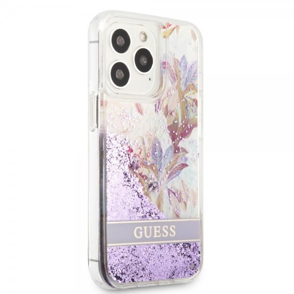 Guess iPhone 13 Pro -suojakuori Liquid Glitter Flower Pattern - violetti