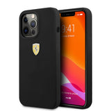 Ferrari iPhone 13 Pro -kuori, nestemäinen silikoni, metallilogolla, musta