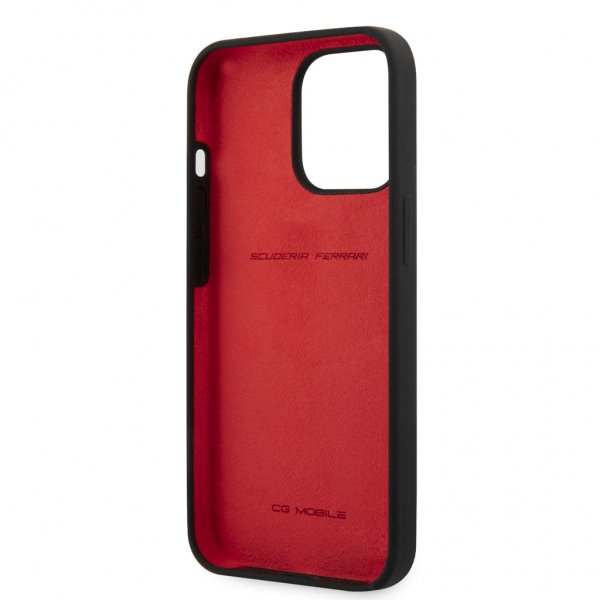 Ferrari iPhone 13 Pro -kuori, nestemäinen silikoni, metallilogolla, musta