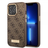 Guess iPhone 13 Pro -suojakuori, Metal Plate Logo, MagSafe, ruskea