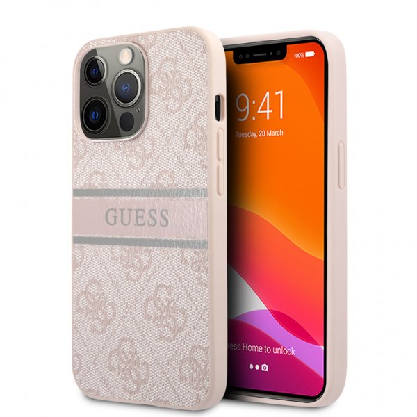 Guess iPhone 13 Pro -suojakuori Printed Stripe, pinkki
