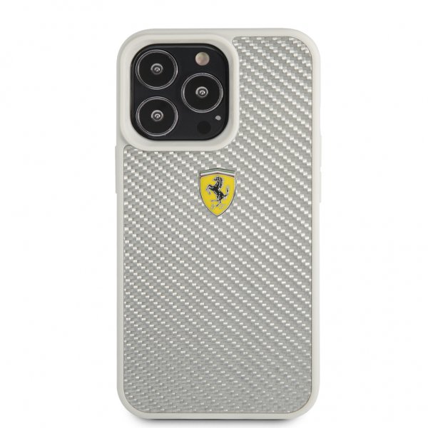 Ferrari iPhone 13 Pro -kuori, aitoa hiilikuitua, metallilogo, hopea