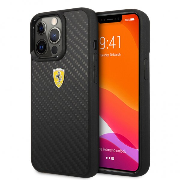 Ferrari iPhone 13 Pro -suojakuori, aitoa hiilikuitua, metallilogolla, musta