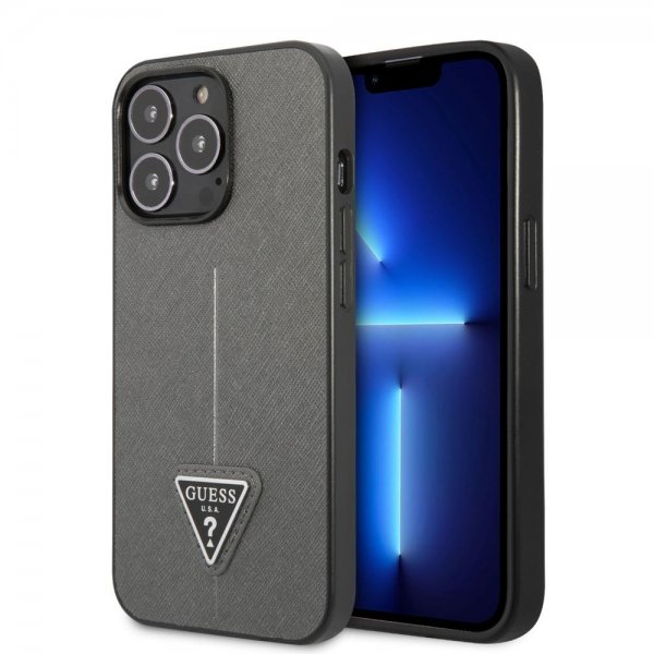Guess iPhone 13 Pro Saffiano Metal Triangle Silver -suojakuori