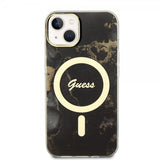 Guess iPhone 13 -suojakuori Golden Marble MagSafe, musta