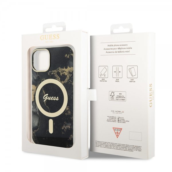 Guess iPhone 13 -suojakuori Golden Marble MagSafe, musta