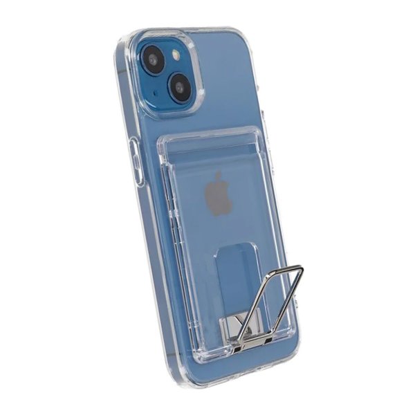 Rvelon iPhone 14 -suojakuori jalustalla ja korttipaikalla, läpinäkyvä