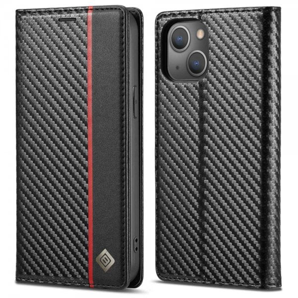 Lc.Imeeke iPhone 14 Plus -suojakotelo, hiilikuitukuvio, punainen raita, pysty