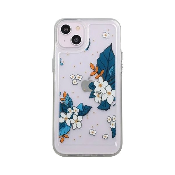 iPhone 14 Plus -kuori, jossa kuvio siniset lehdet