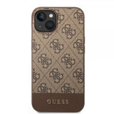 Guess iPhone 14 Plus kuoret Bottom Stripe Metal Logo ruskea