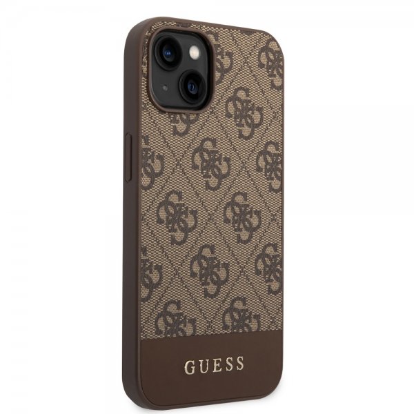 Guess iPhone 14 Plus kuoret Bottom Stripe Metal Logo ruskea