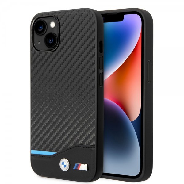 BMW iPhone 14 Plus -kuori, hiilikuitujäljitelmä, painettu logo, musta