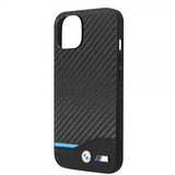 BMW iPhone 14 Plus -kuori, hiilikuitujäljitelmä, painettu logo, musta