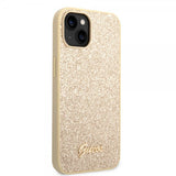 Guess iPhone 14 Plus -suojakuori Glitter Flakes Metal Logo, kulta