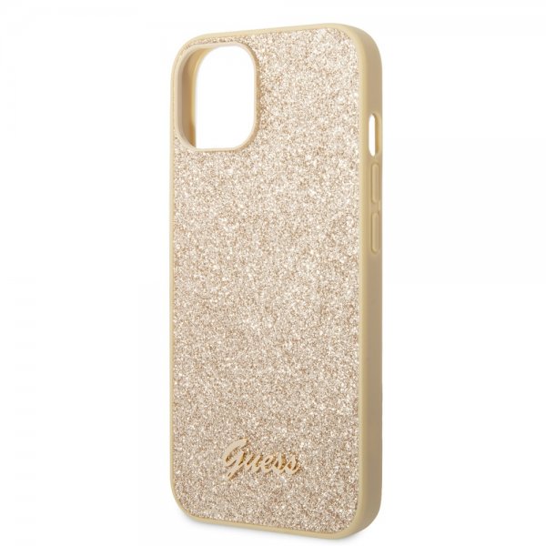Guess iPhone 14 Plus -suojakuori Glitter Flakes Metal Logo, kulta