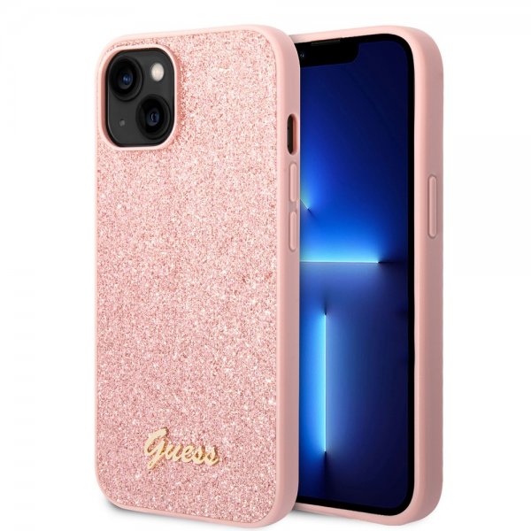 Guess iPhone 14 Plus -suojakuori, Glitter Flakes, metallilogo, vaaleanpunainen