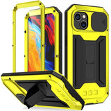 R-JUST iPhone 14 Plus -suojakuori, kamerasuoja, jalustatoiminto, keltainen