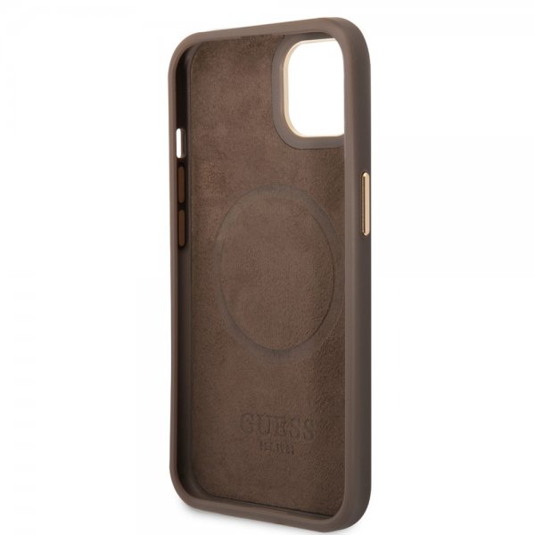 Guess iPhone 14 Plus Kuori Metal Plate Logo MagSafe Ruskea