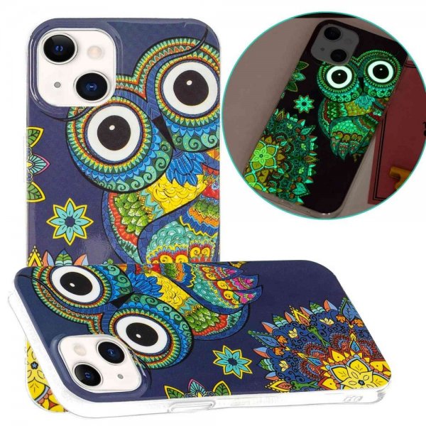 iPhone 14 Plus -kuori, jossa värikäs pöllö -kuvio