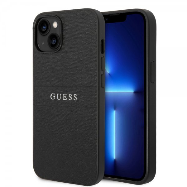 Guess iPhone 14 Plus -suojakuori Saffiano Metal Logo Stripes Musta