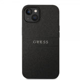 Guess iPhone 14 Plus -suojakuori Saffiano Metal Logo Stripes Musta