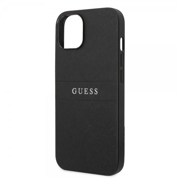 Guess iPhone 14 Plus -suojakuori Saffiano Metal Logo Stripes Musta