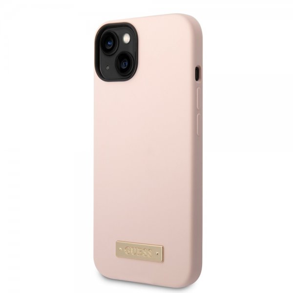 Guess iPhone 14 Plus -silikonikuori, metallilevy, MagSafe, pinkki