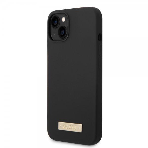 Guess iPhone 14 Plus -silikonikuori, jossa metallilevy ja MagSafe, musta