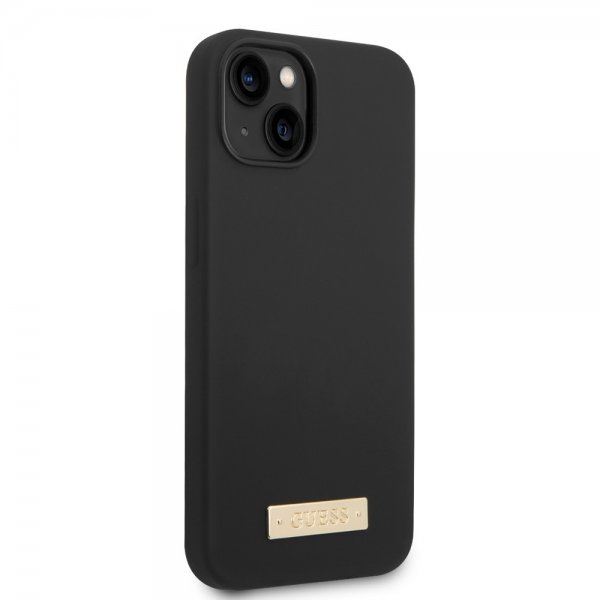 Guess iPhone 14 Plus -silikonikuori, jossa metallilevy ja MagSafe, musta