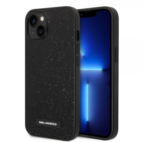 Karl Lagerfeld iPhone 14 Plus -suojakuori Solid Glitter Plaque Logo Musta