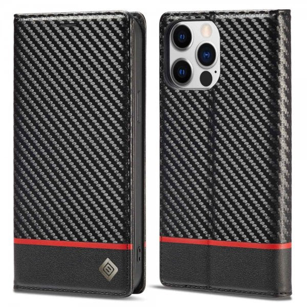 Lc.Imeeke iPhone 14 Pro -kuori hiilikuitukuvio punaisella vaakasuoralla raidalla