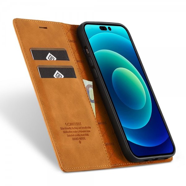 Lc.Imeeke iPhone 14 Pro -suojakuori korttipaikalla, läppä, ruskea