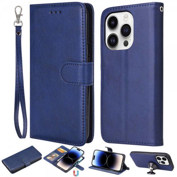 iPhone 14 Pro -kotelo irrotettavalla KT Leather Series-3 -nahkakuorella, sininen