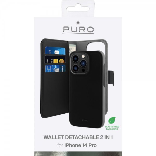 Puro iPhone 14 Pro -kotelo lompakko irrotettava 2-in-1 musta