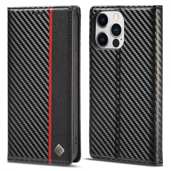 Lc.Imeeke iPhone 14 Pro Max -suojakuori hiilikuitukuvioitu punainen pystyraita